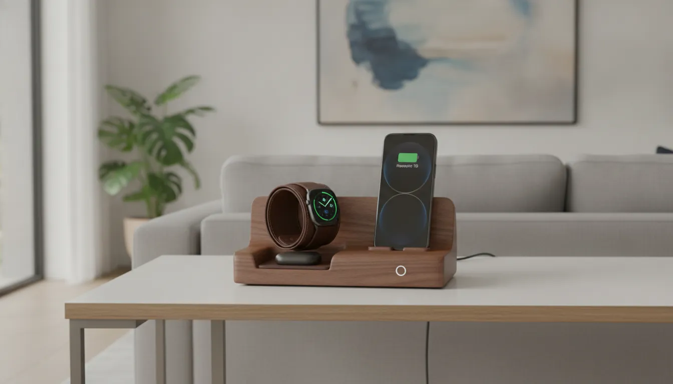 Premium wood charging station on a living room console table holding an iPhone and Apple Watch