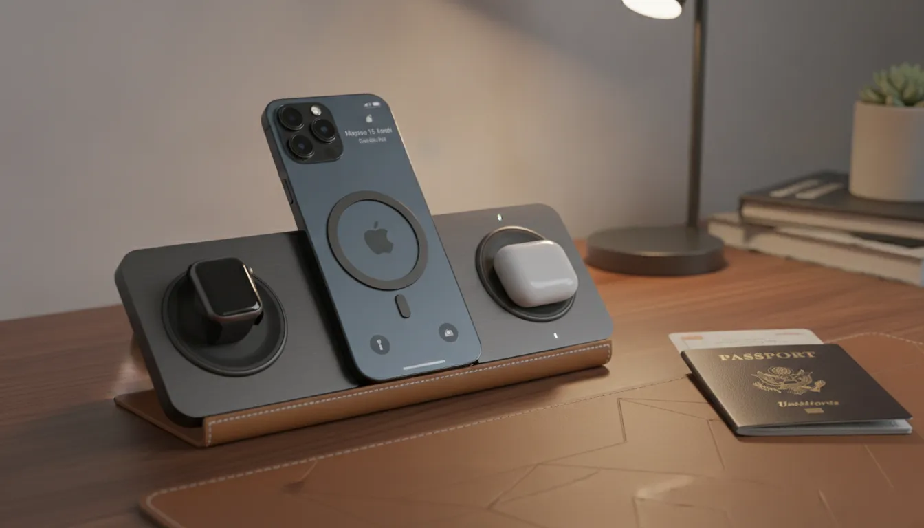 Premium foldable 3-in-1 MagSafe charging station unfolded on a walnut desk