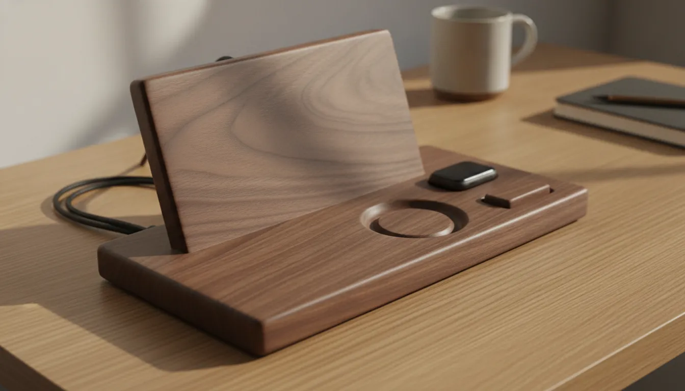 Close-up of a premium walnut wood charging station with rich natural grain on a modern minimalist desk