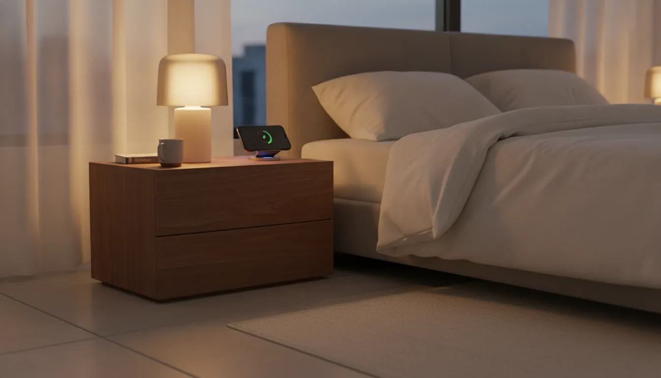 A walnut bedside charging station with a fast MagSafe charger holding an iPhone in warm evening light