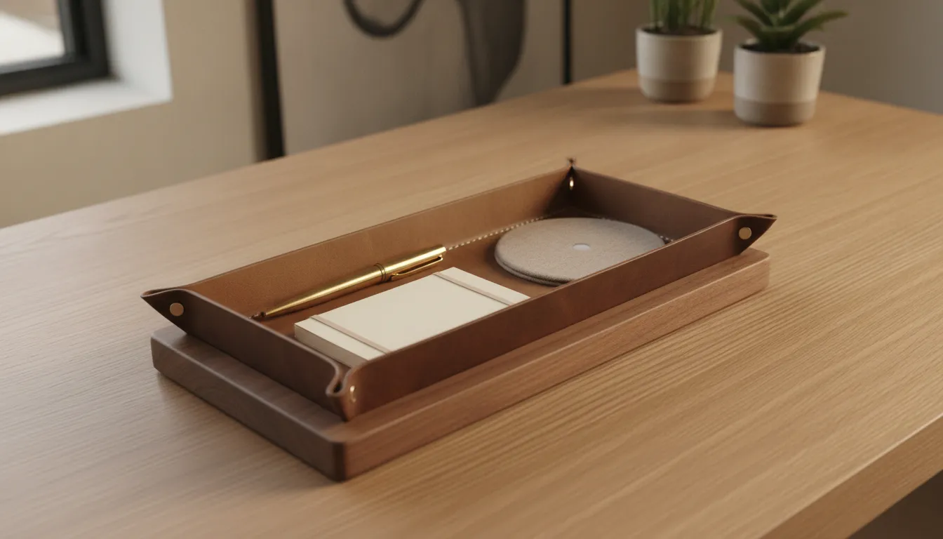Premium full-grain leather desk organizer tray on a solid walnut wood base holding pens and a wireless charger on a refined desk