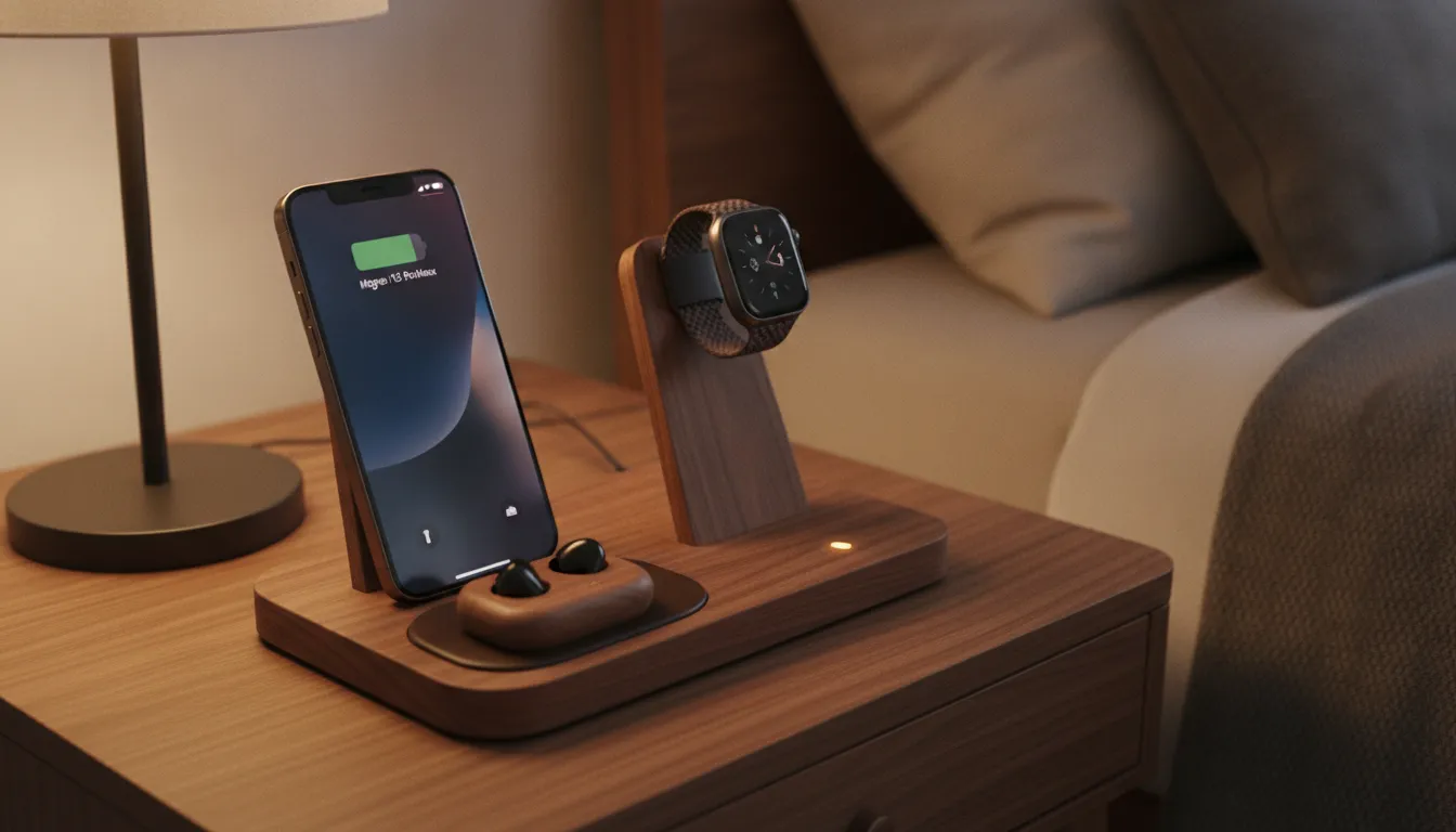 Walnut nightstand with wood MagSafe charging station holding iPhone and Apple Watch in soft warm lighting