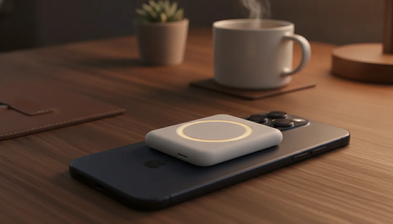 MagSafe power bank attached to an iPhone showing the magnetic connection on a wood desk