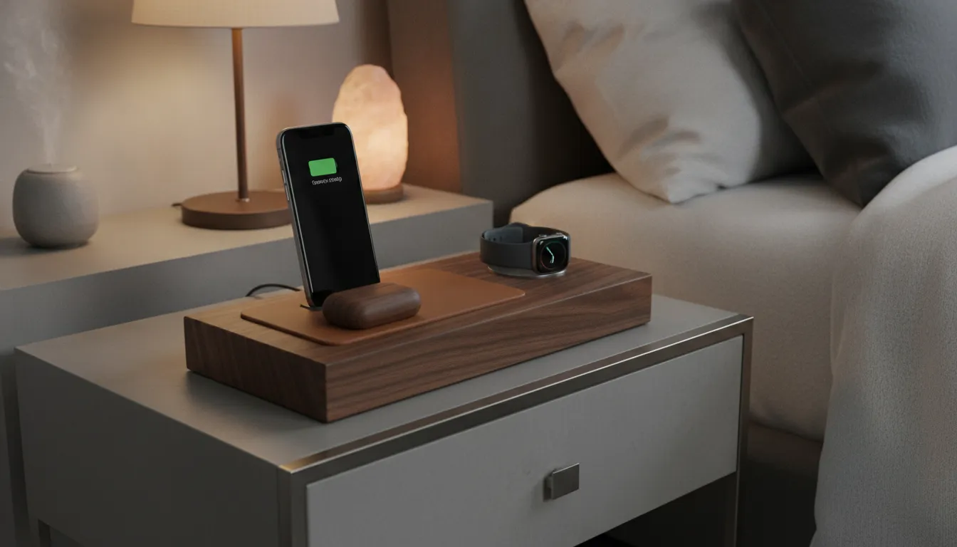 Premium walnut and leather multi-device charging station on a nightstand with iPhone and Apple Watch docked