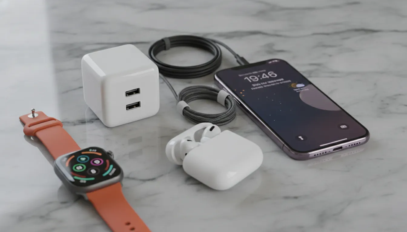 Compact GaN travel charger with USB-C ports next to iPhone AirPods and Apple Watch on marble surface