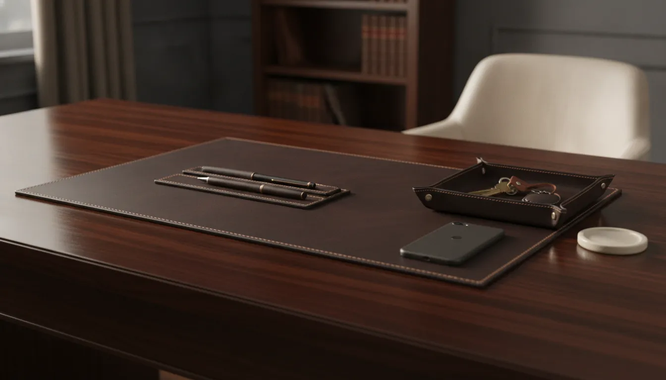 Matching set of handcrafted full-grain leather desk accessories including a leather pen tray, valet tray, and desk pad arranged on a polished wood desk