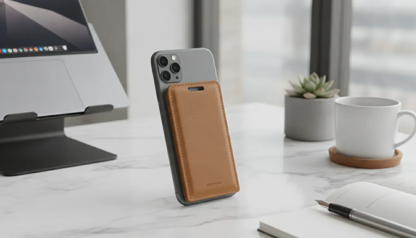 NYTSTND MagSafe leather wallet on iPhone showing slim card storage design