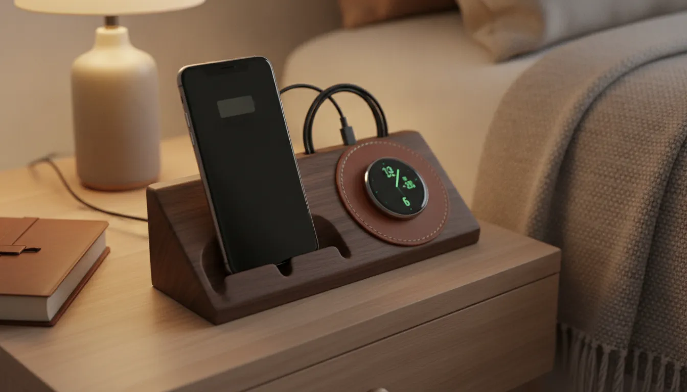 Handcrafted wood and leather multi-device charging station organizing and charging multiple Apple devices on a minimalist nightstand