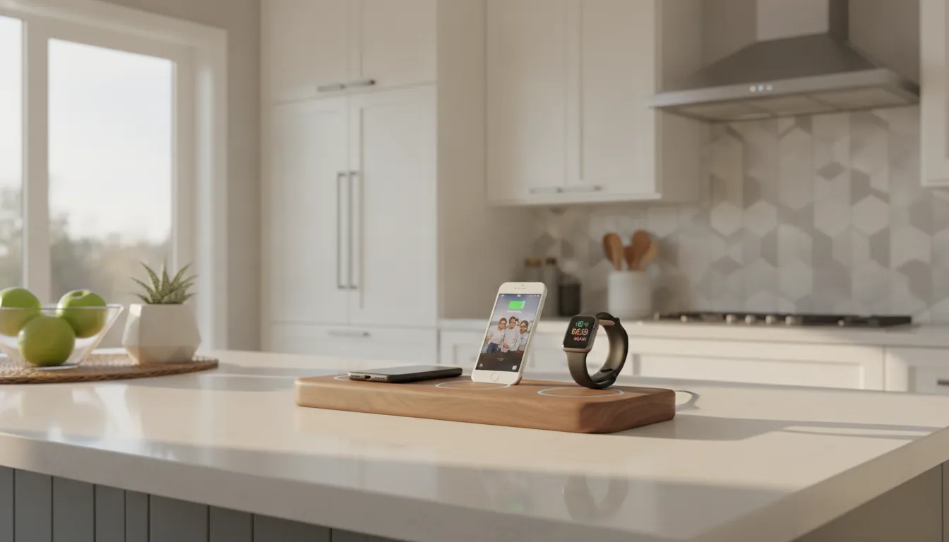 Modern kitchen counter with a wooden wireless charging station holding two smartphones