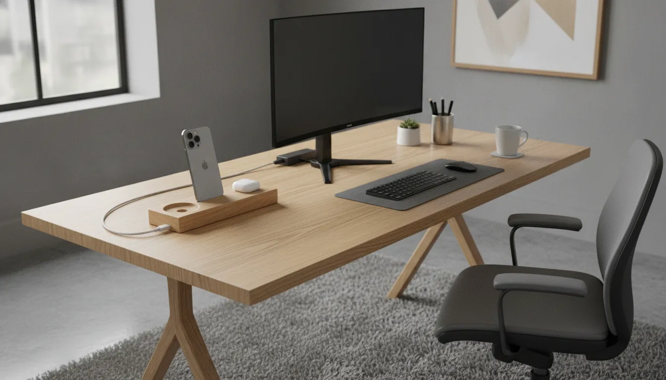 Modern oak desk with wood charging station holding iPhone and AirPods in a clean organized workspace