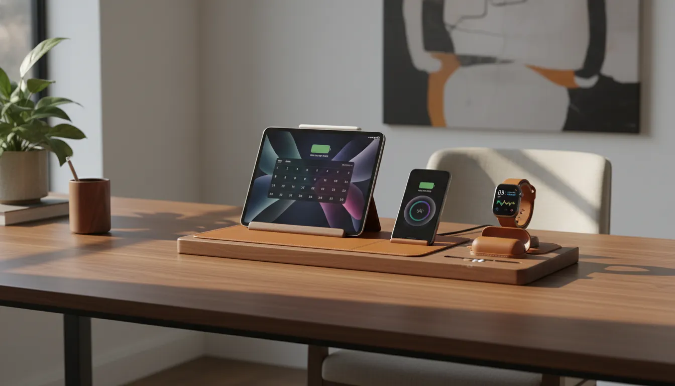 Landscape ipad charging station organizing Apple devices on a wood desk