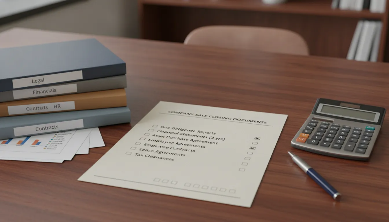 Organized financial documents and checklist on a desk for preparing a business sale