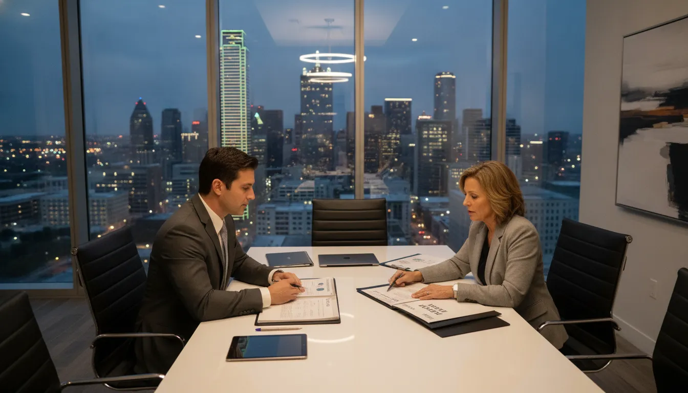 Dallas business owners meeting with a CPA for tax planning consultation at a modern office with skyline view Seamless Advisors