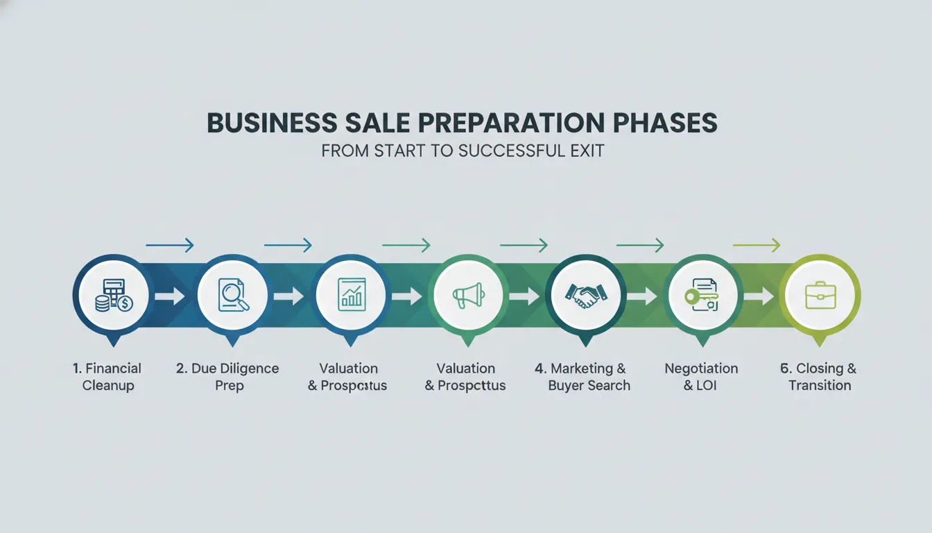 Business sale preparation timeline showing phases from financial cleanup to closing