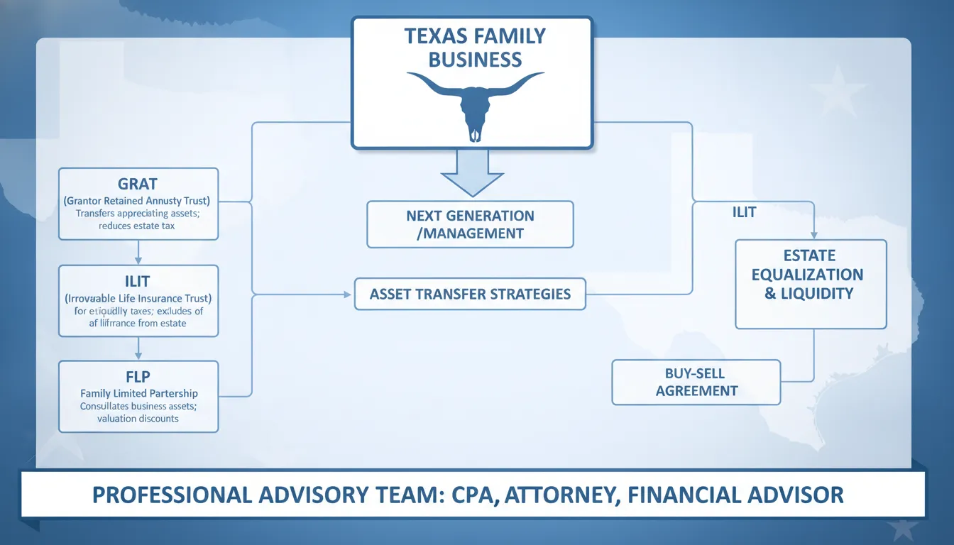 Diagram showing trust and entity structures for passing a Texas business to the next generation through estate planning