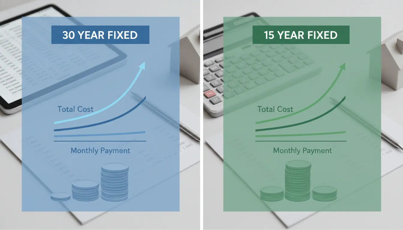 Chart comparing monthly payments and total costs for 30-year fixed and 15-year mortgages.
