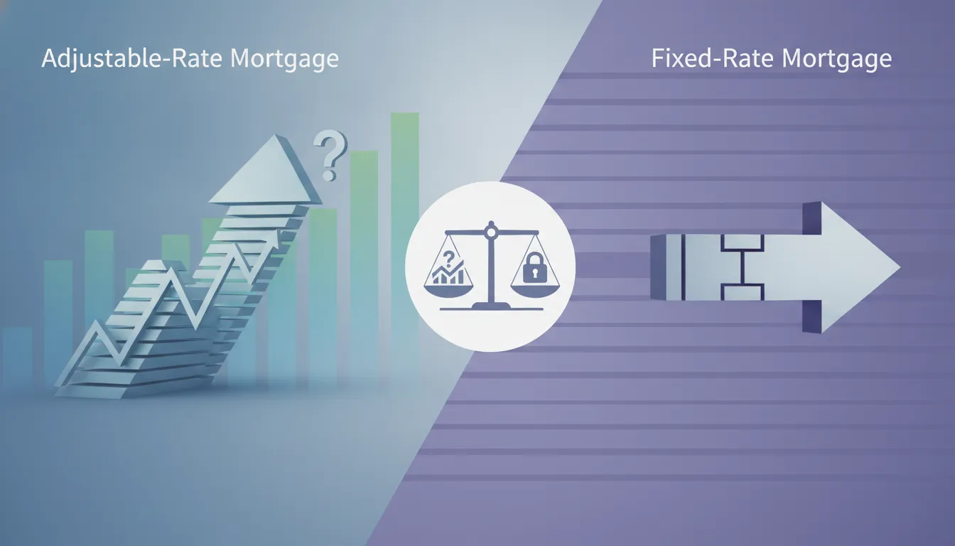 Adjustable-rate vs. fixed-rate mortgage comparison with rising and steady rate arrows.