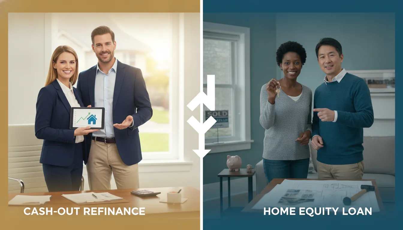 Cash-out refinance vs. home equity loan comparison with couples discussing financing at home.