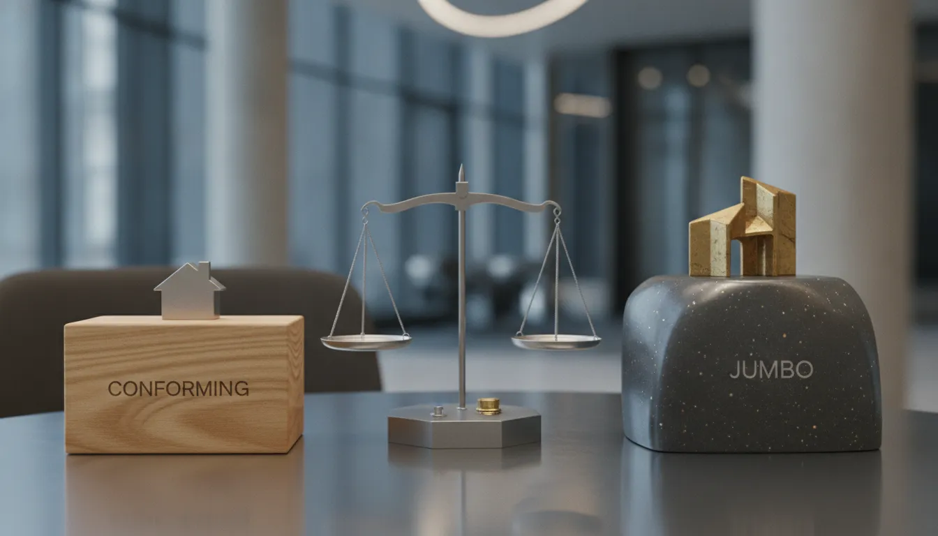 Balance scale compares wood blocks labeled “conforming” with stone blocks labeled “jumbo” mortgage loan.