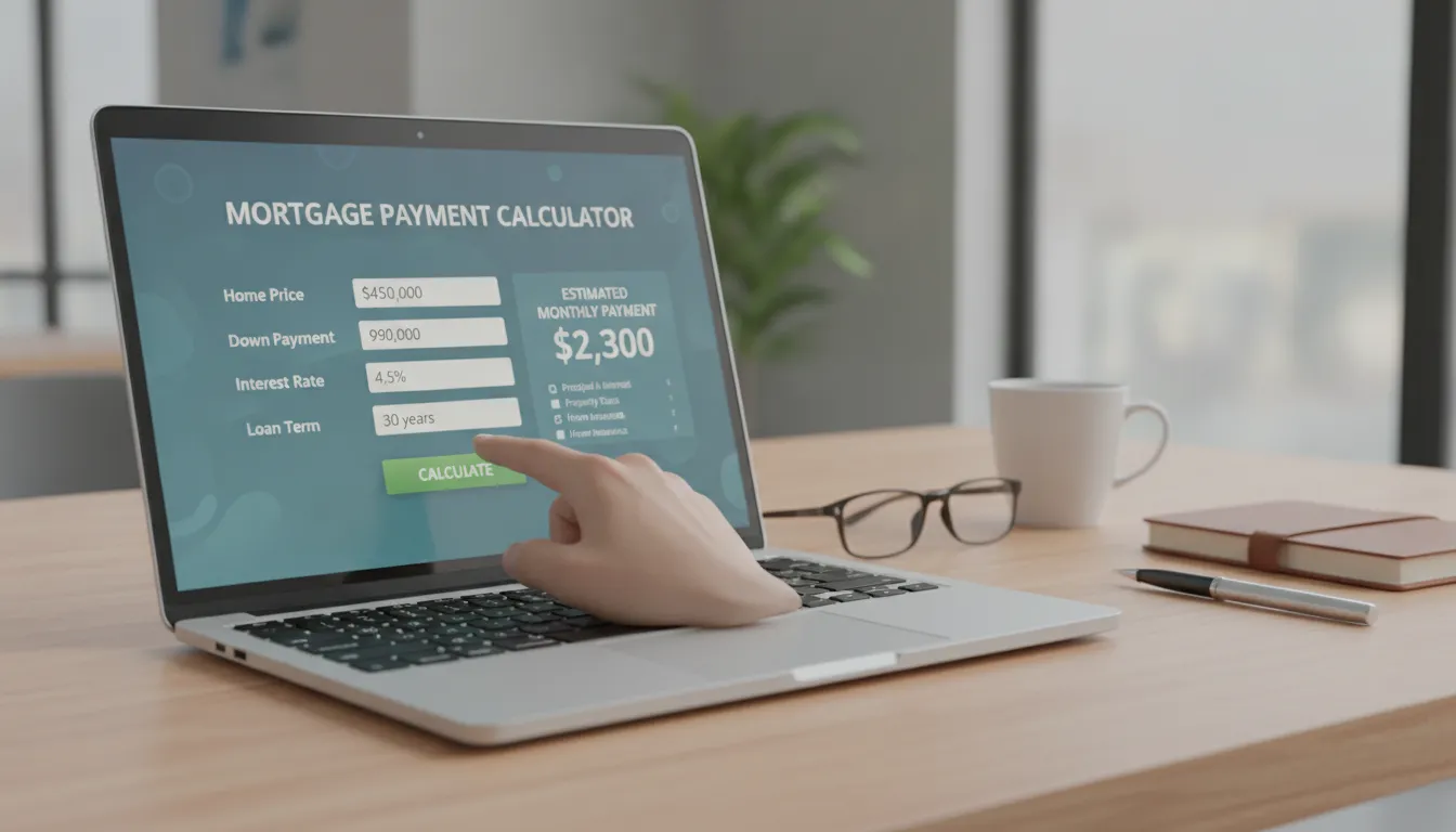 Person using a mortgage payment calculator on a laptop to estimate monthly mortgage costs.
