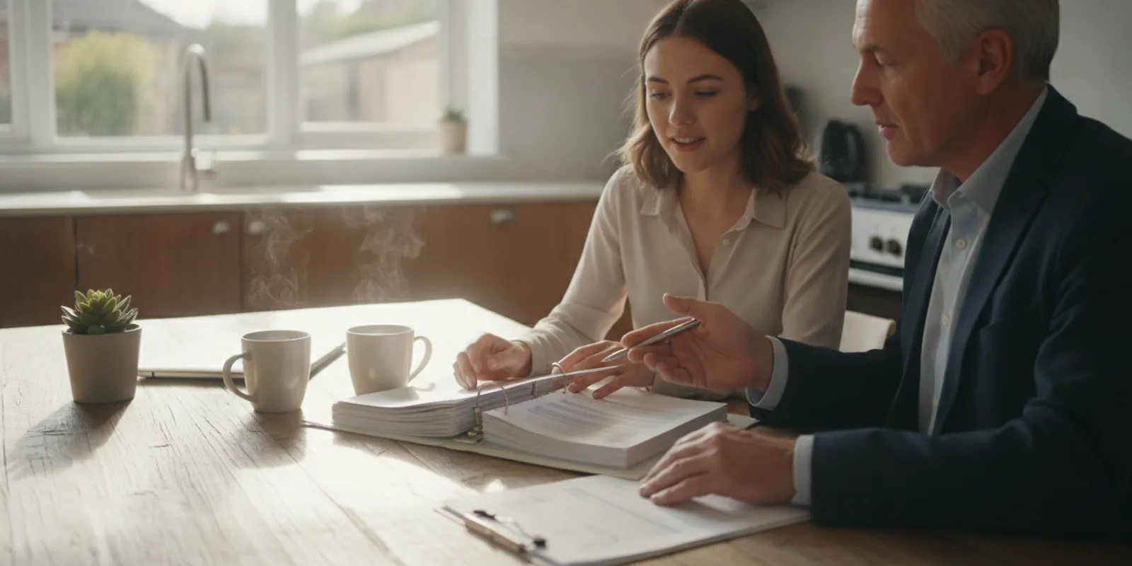 Homebuyer reviewing mortgage paperwork with an advisor at a table