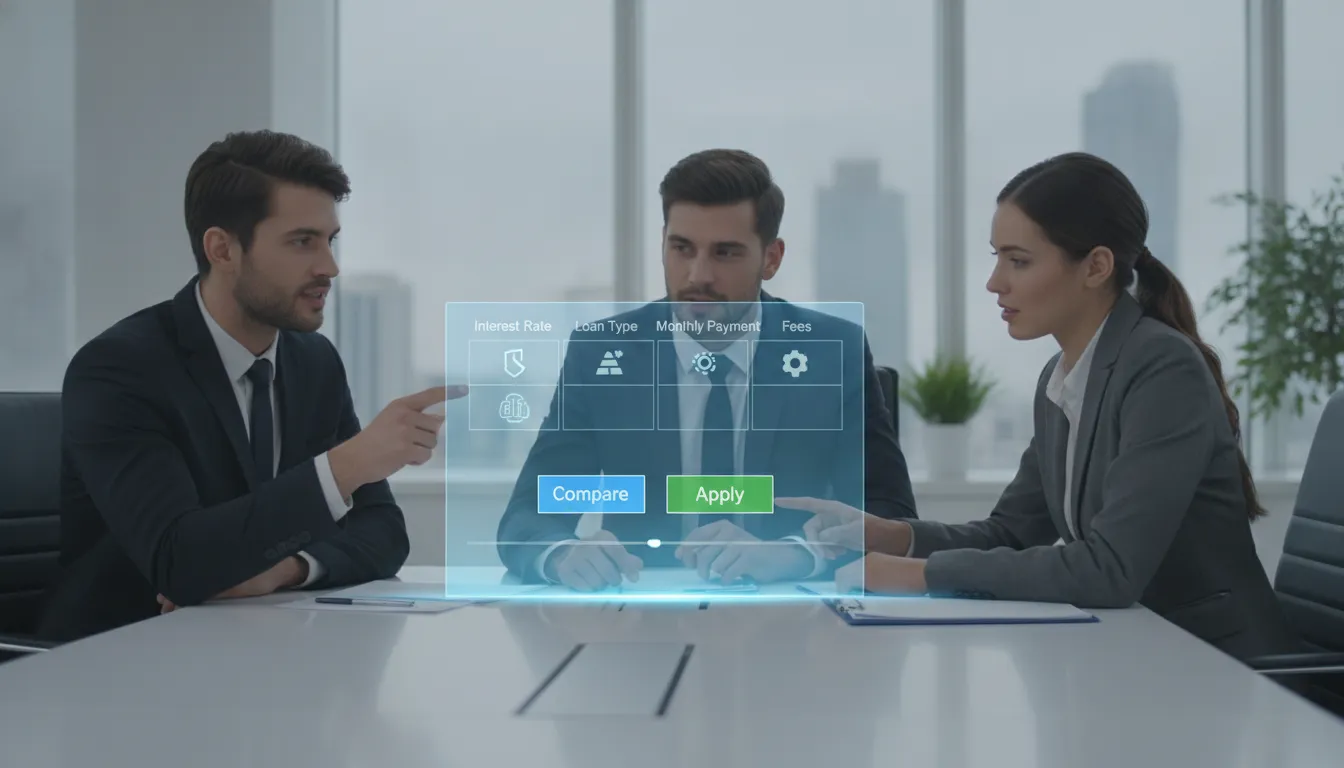Business professionals compare mortgage lenders and loan options on a digital screen.