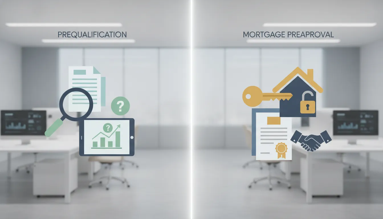 Mortgage prequalification vs. preapproval comparison with financial documents and home icons.