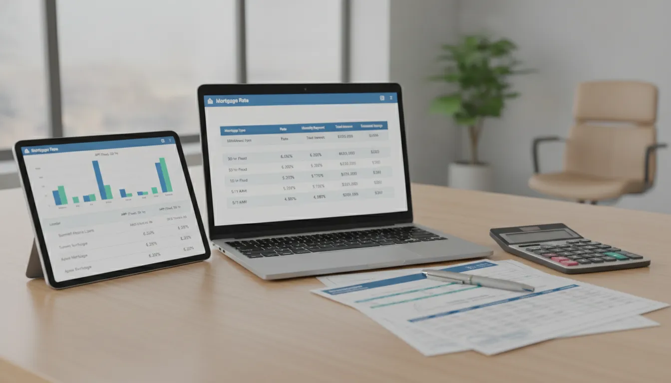 Mortgage rate comparison calculator showing monthly payments on a laptop and tablet.