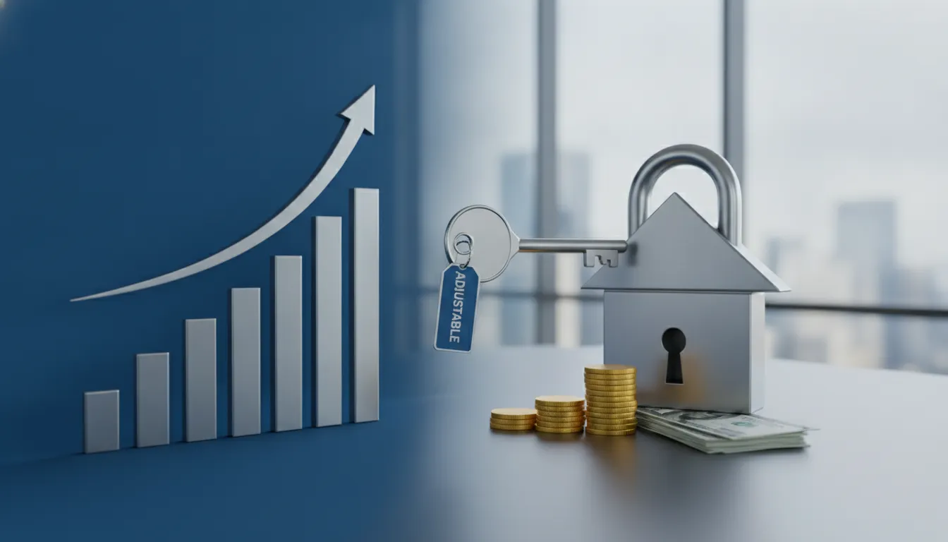 Rising bar chart, house-shaped lock, adjustable key, coins, and cash represent a refinance to an adjustable-rate mortgage.