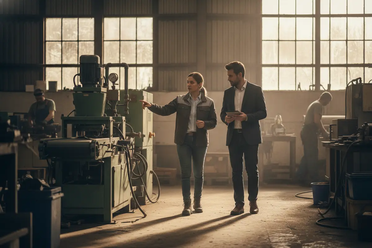 Business owner and financing specialist reviewing equipment in a workshop