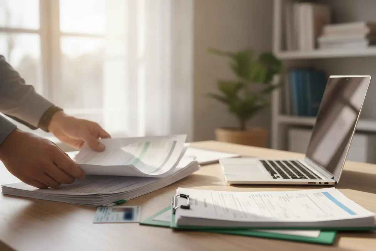 Business owner organizing bank statements and company records before discussing financing