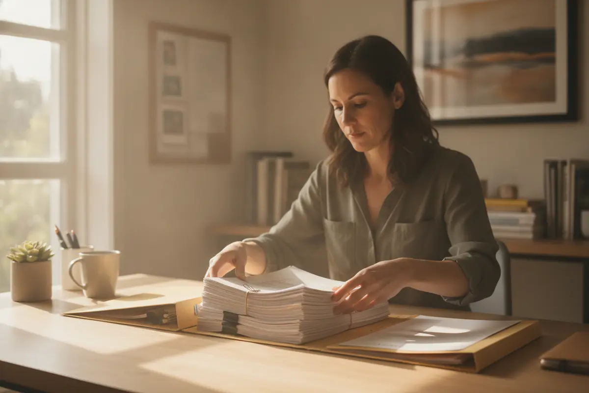 Business owner organizing financial documents before speaking with a lender