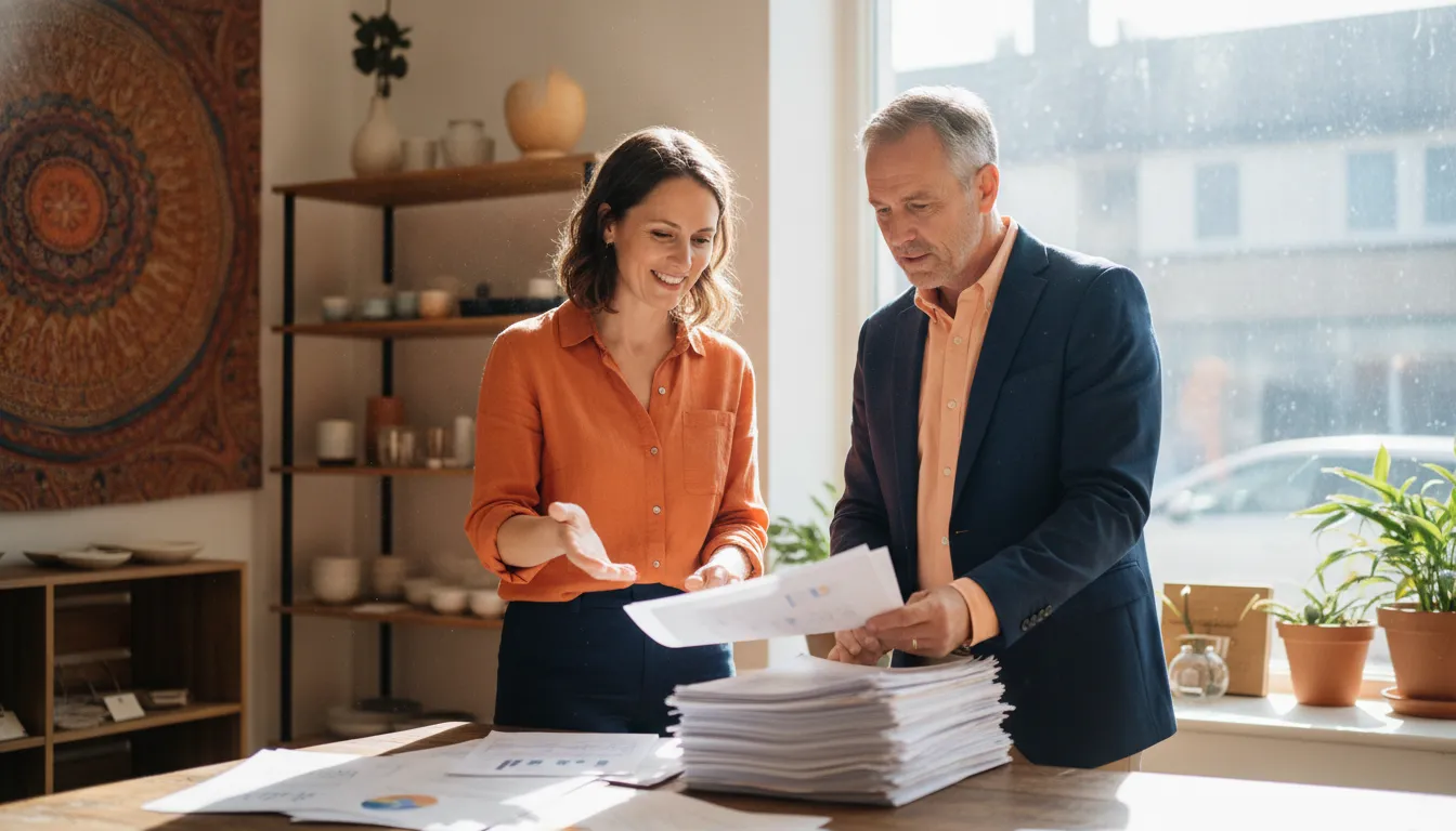 Small business owner reviewing cash flow during a seasonal planning meeting