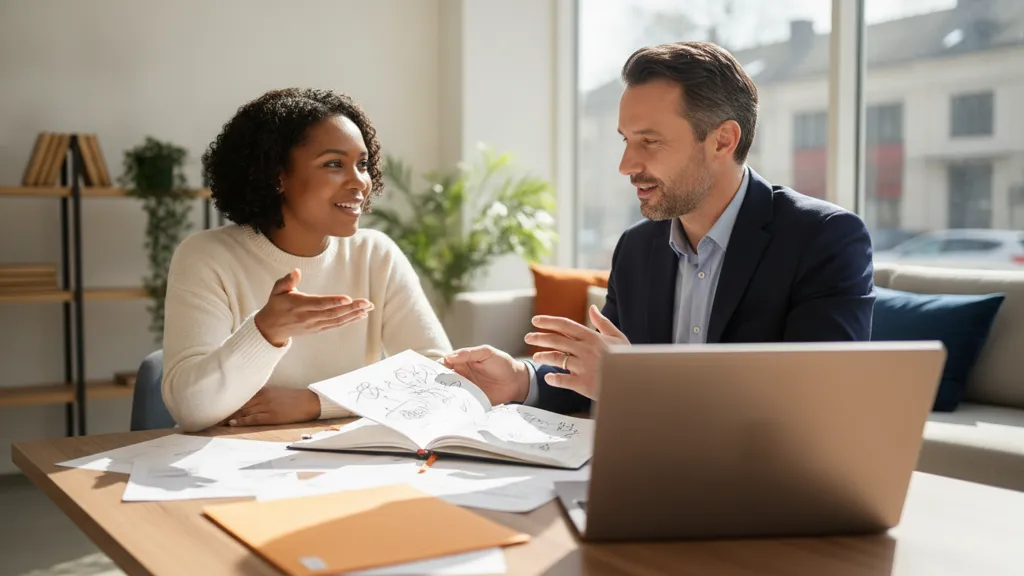 Small business owner reviewing a seasonal cash flow forecast with a financing specialist