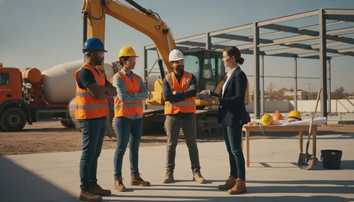 Construction team coordinating project cash flow at a job site