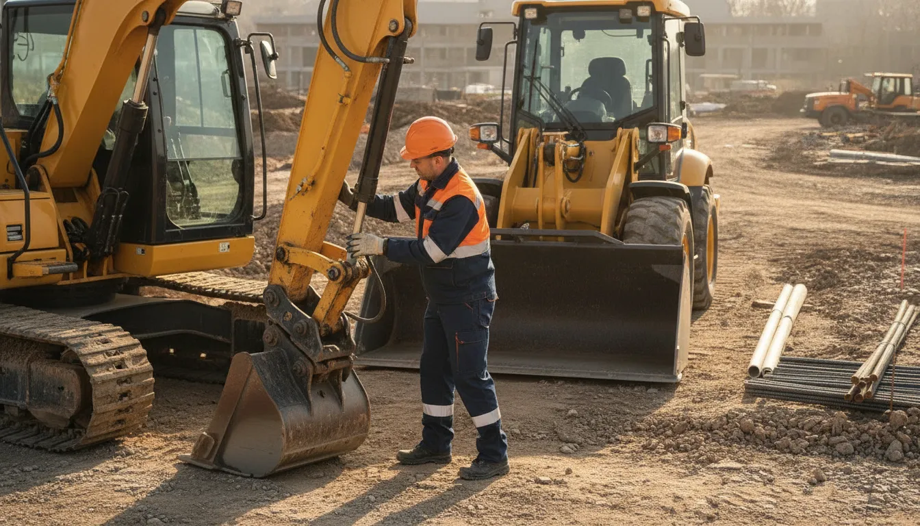 Construction operator inspecting equipment at a job site