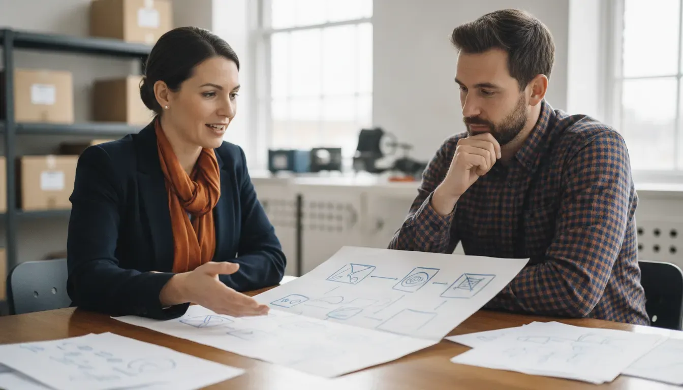 Small business owner comparing emergency business financing options with a specialist