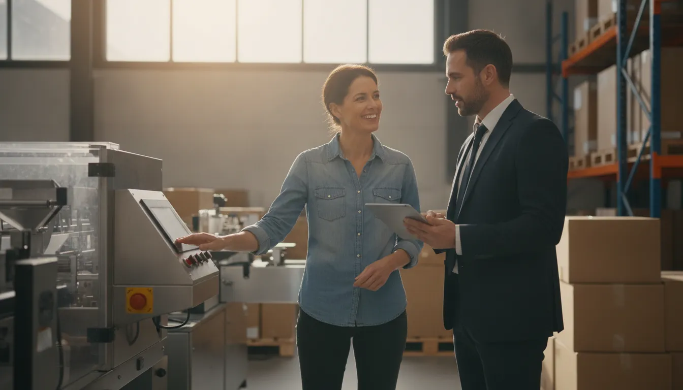 Business operator reviewing equipment leasing options in a bright workshop