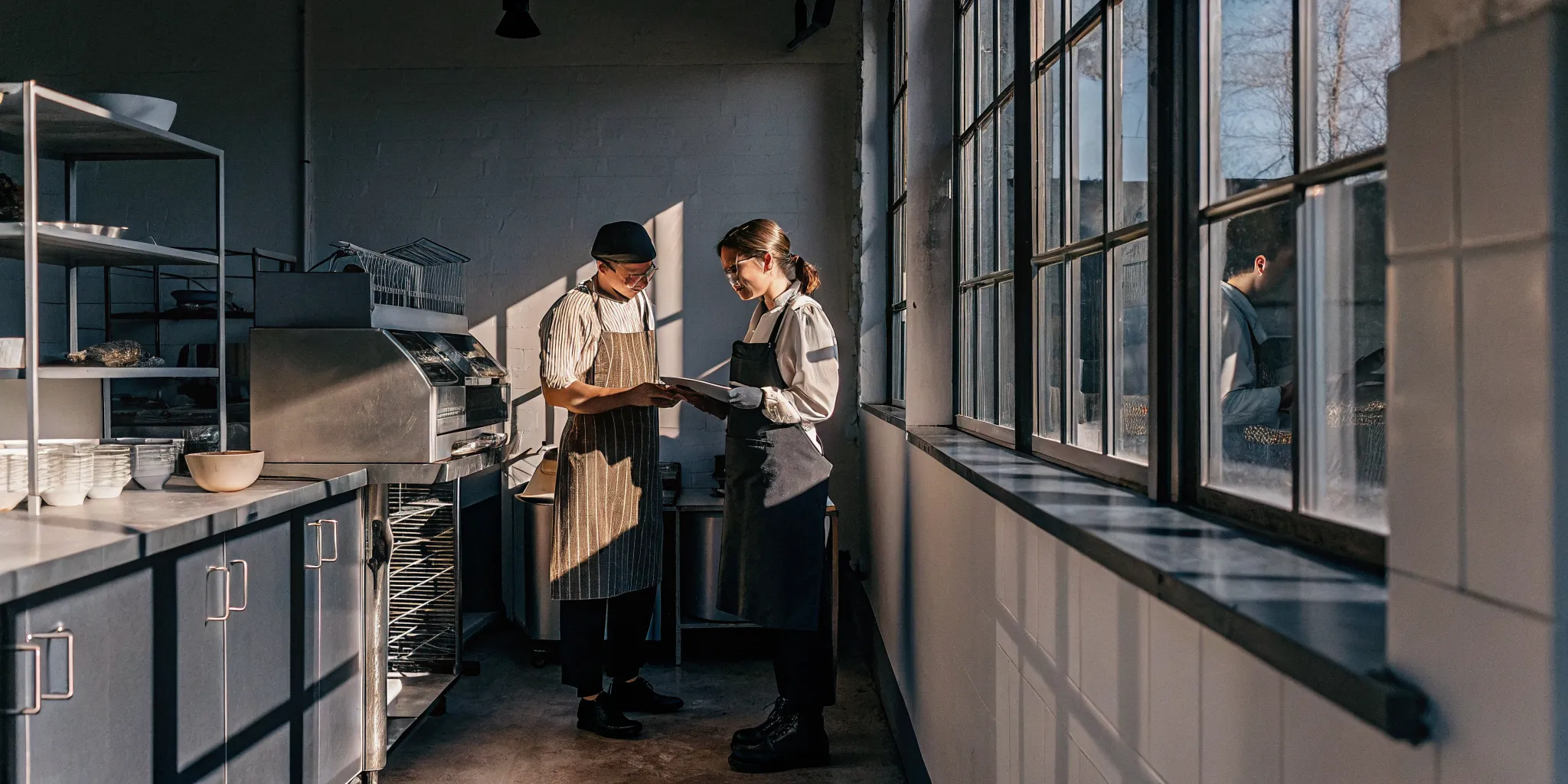 Restaurant owner evaluating commercial kitchen equipment for financing