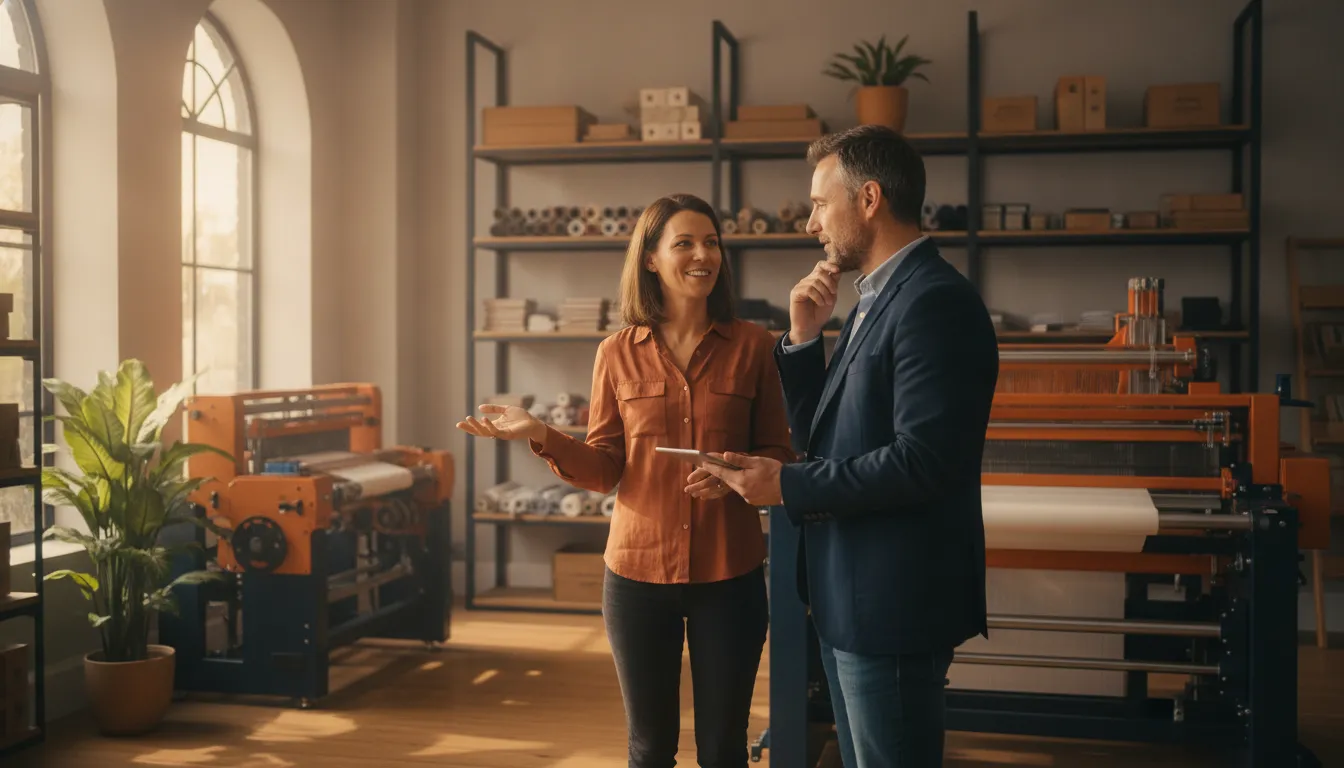 Small-business owners reviewing funding options with a financing specialist