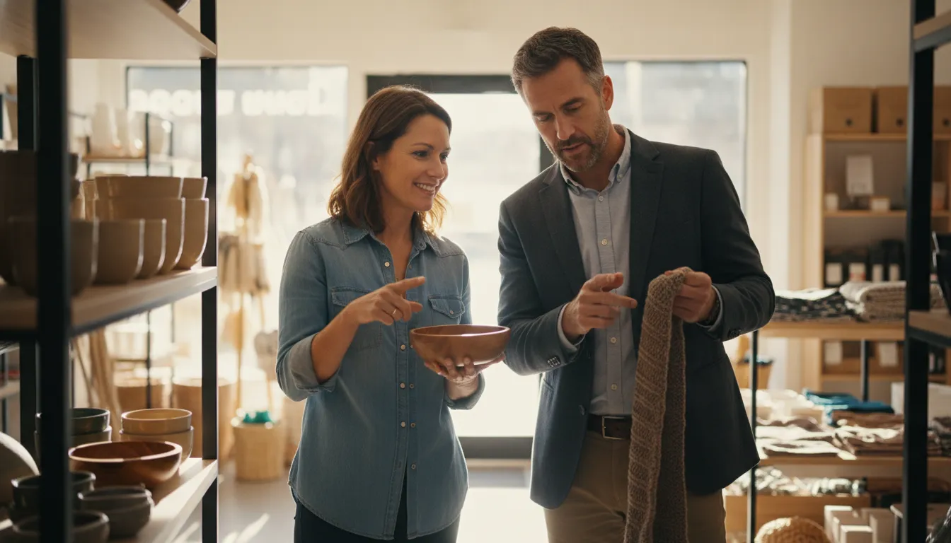 Small business owner reviewing inventory with a financing specialist