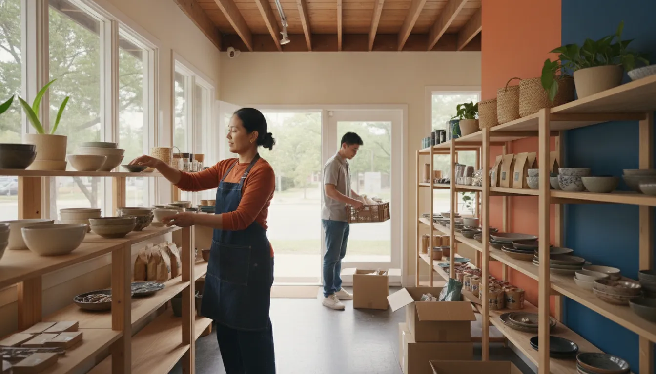 Small-business operator organizing equipment and inventory for a funding plan