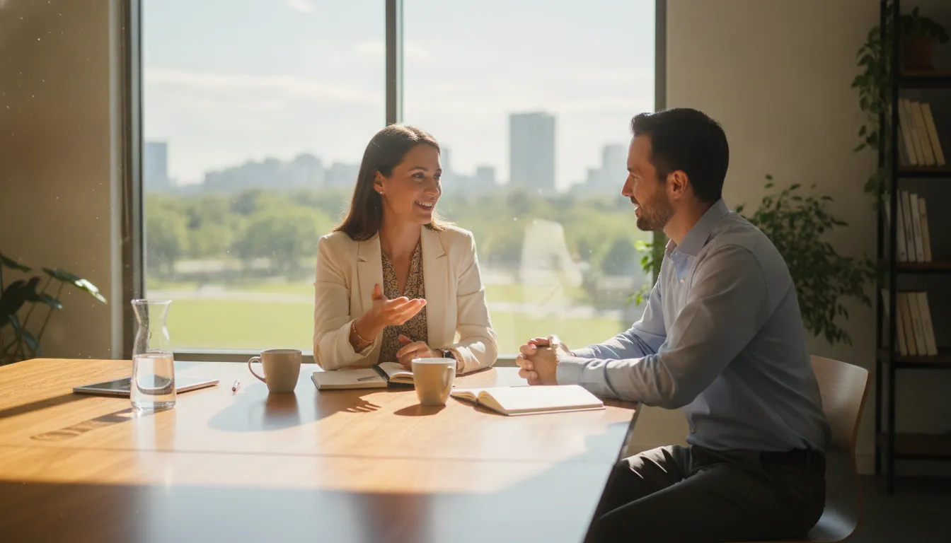 Small-business owner reviewing funding terms and cash-flow needs with a financing specialist