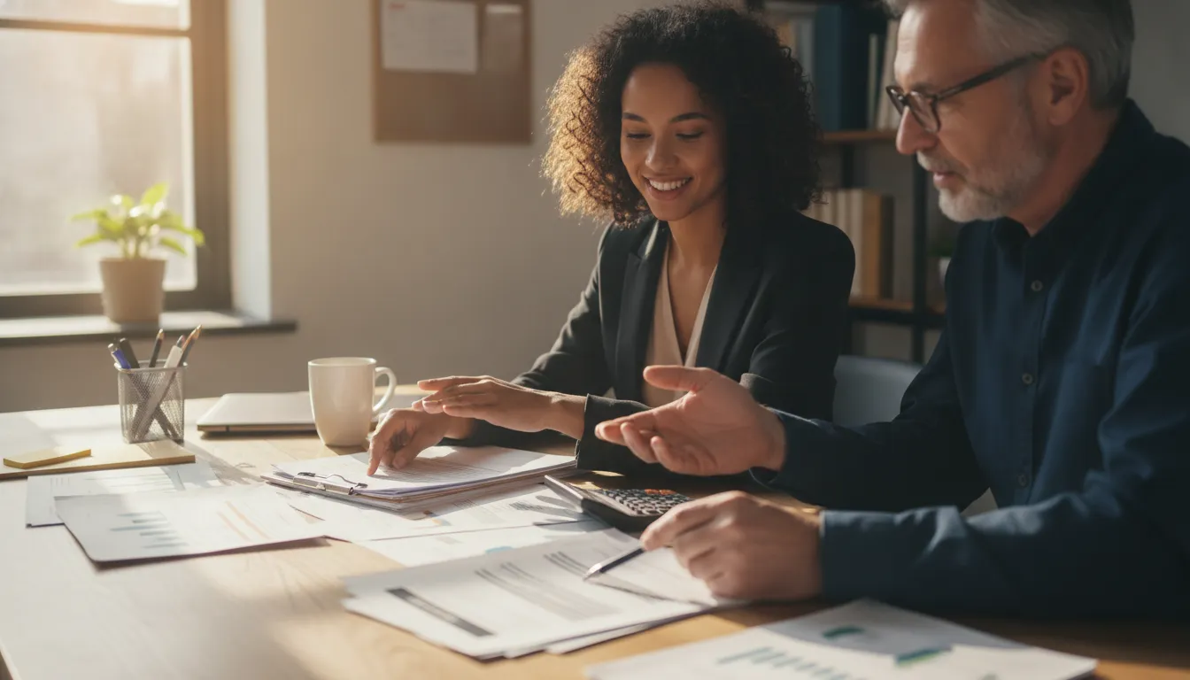 Business owner reviewing company credit information with a financing specialist