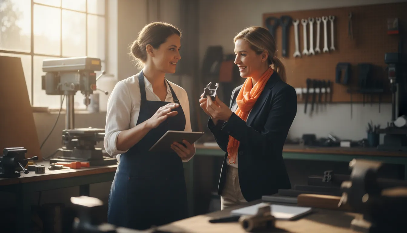 Small business owner reviewing equipment financing options with a financing specialist