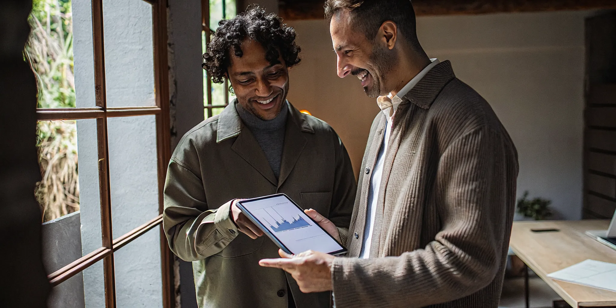 Two small business owners reviewing financial growth data on a tablet in a modern office setting