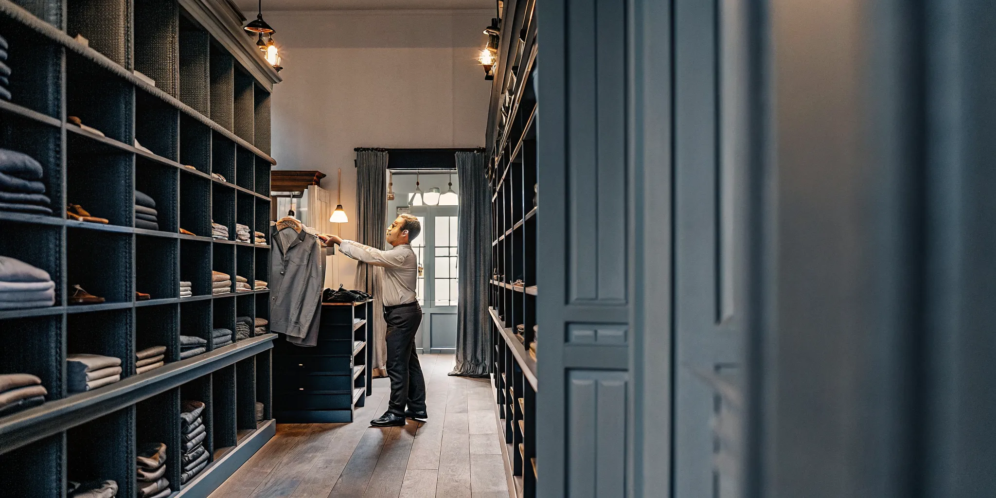 Retail store owner restocking seasonal inventory on shelves