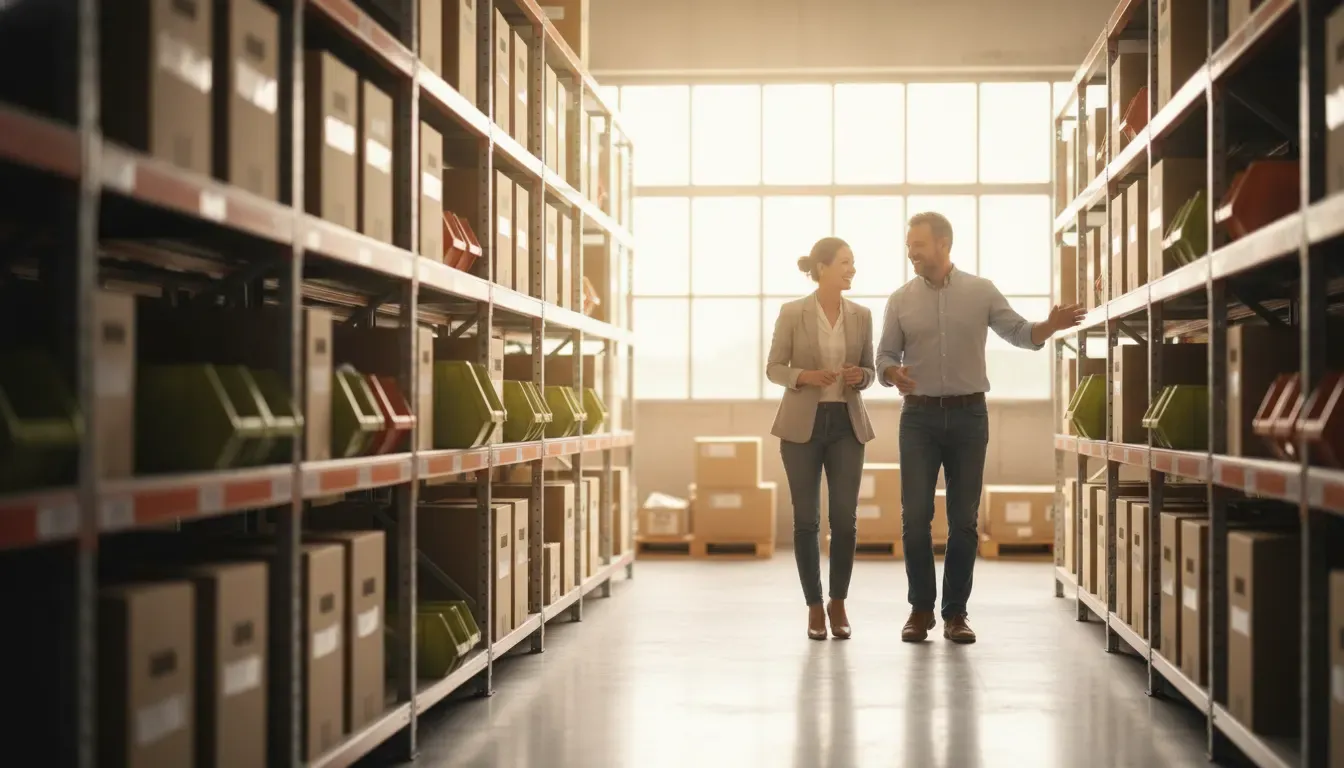 Business owners planning an inventory purchase in a warehouse