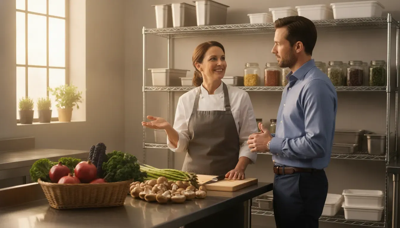 Restaurant owner discussing seasonal inventory with a financing specialist