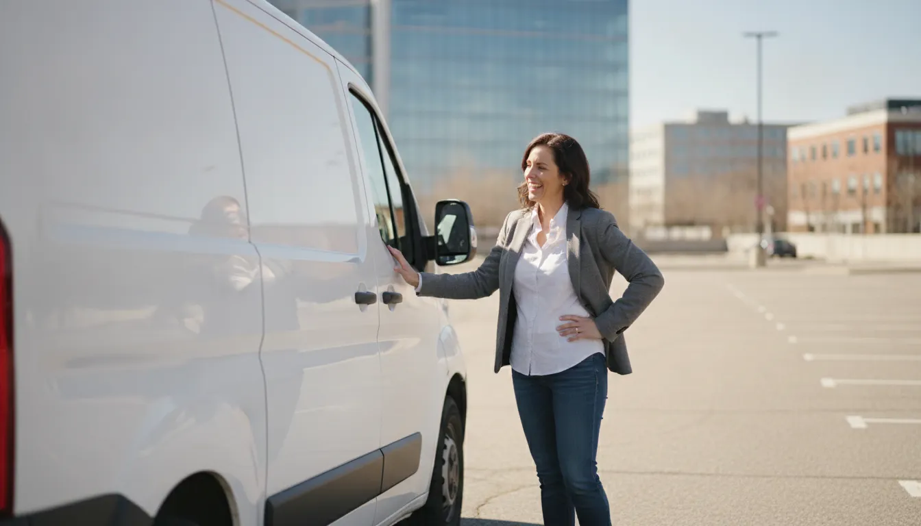 A small business owner examining a new commercial delivery vehicle that equipment financing helped the business acquire